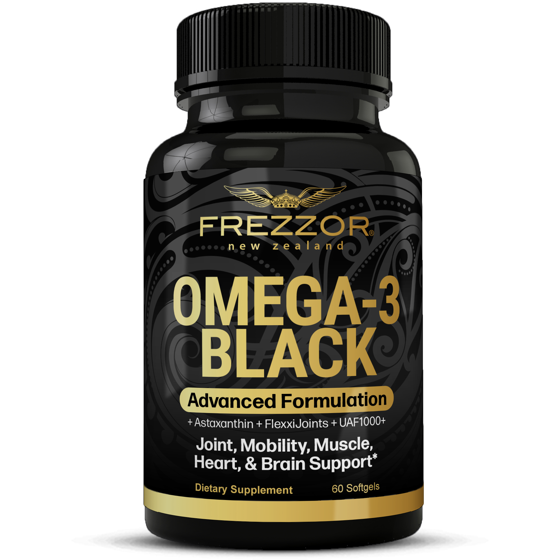 Omega-3 Black 60  FREZZOR Green-lipped mussel oil supplements for joint Health, Natural green-lipped mussel oil supplement with powerful pain relief and inflammation reduction properties. Supports joint health and arthritis management.
