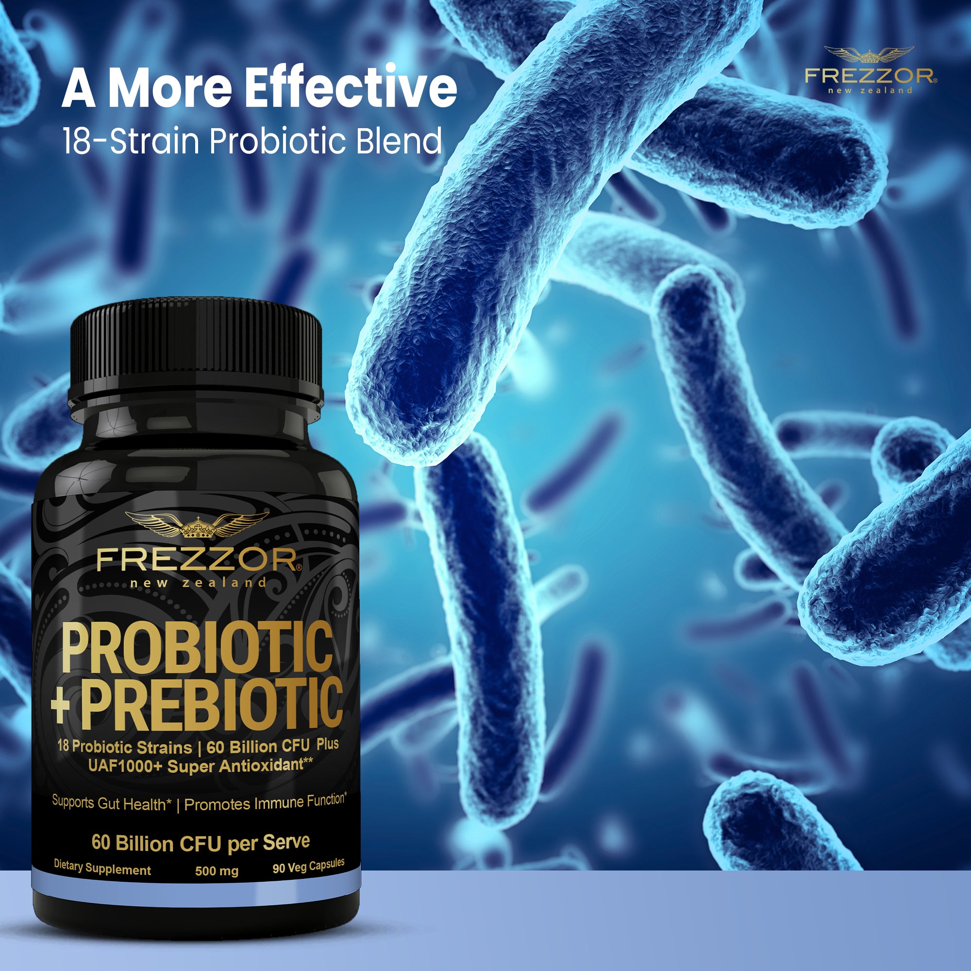 Probiotic +Prebiotic Capsules  FREZZOR Best probiotic prebiotic supplements | 18 Bacteria Strains | 60 Billion CFU