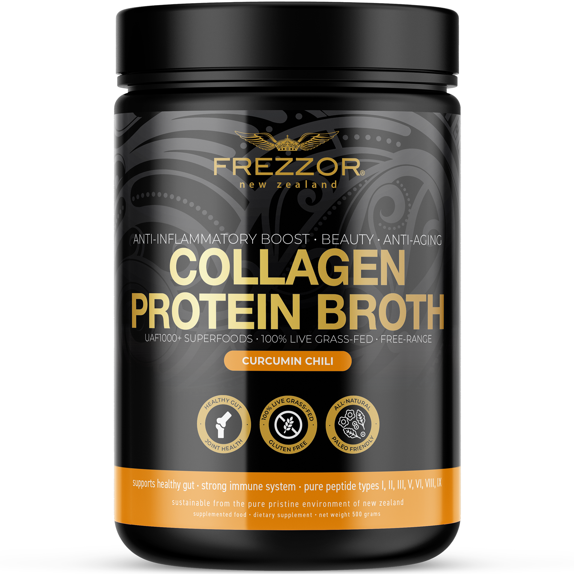 Collagen Bone Broth Curcumin Chili  FREZZOR Grass fed collagen protein bone broth powder | Joint health