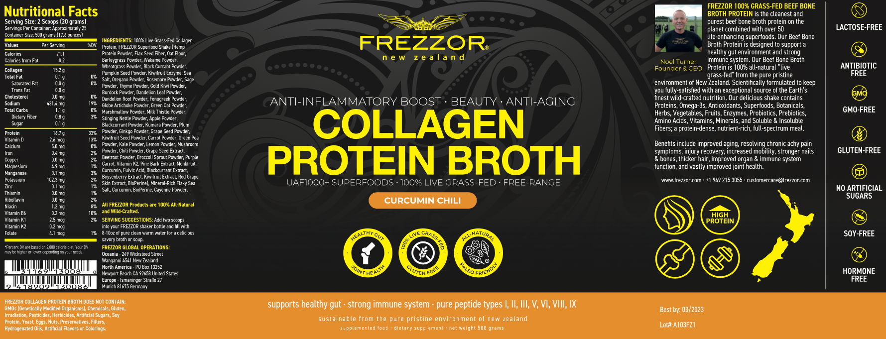 Bone Broth Protein Curcumin Chili  FREZZOR Grass fed collagen protein bone broth powder | Joint health