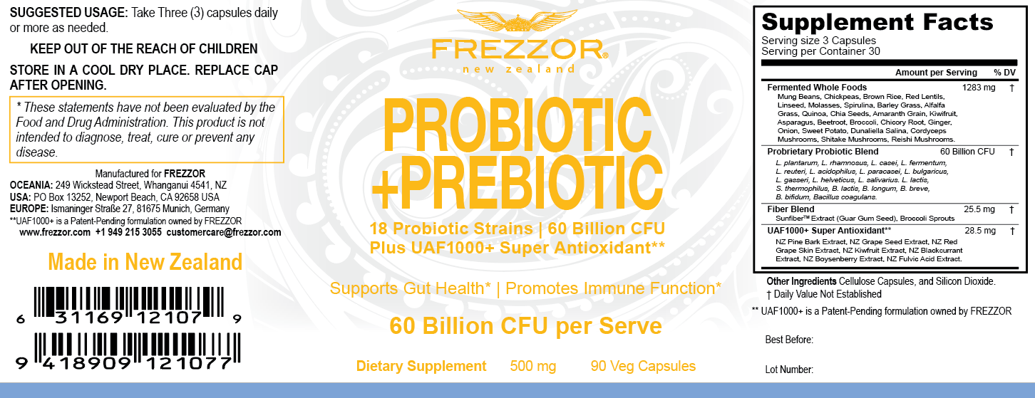 Probiotic +Prebiotic Capsules  FREZZOR Best probiotic prebiotic supplements | 18 Bacteria Strains | 60 Billion CFU