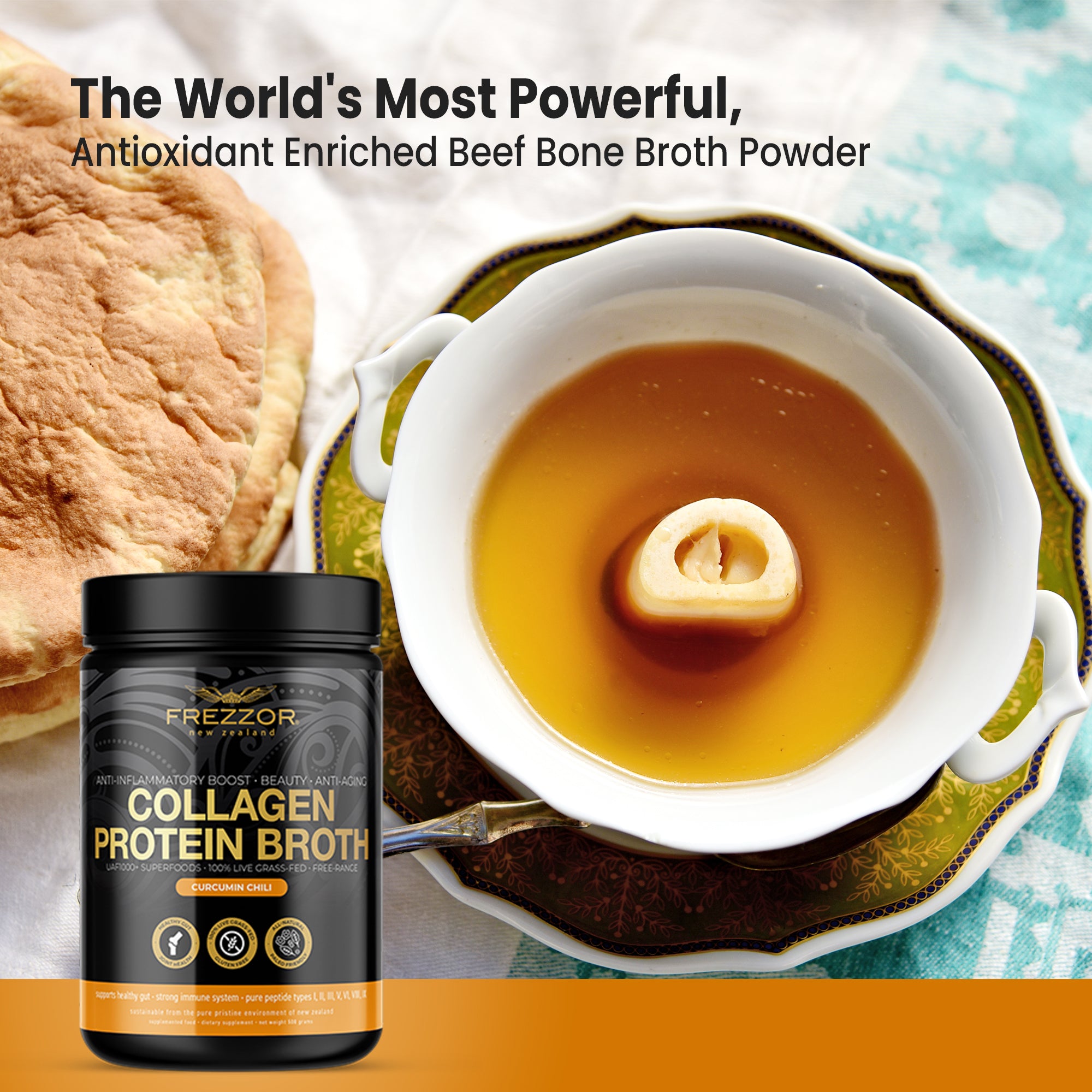 Bone Broth Protein Curcumin Chili  FREZZOR Grass fed collagen protein bone broth powder | Joint health