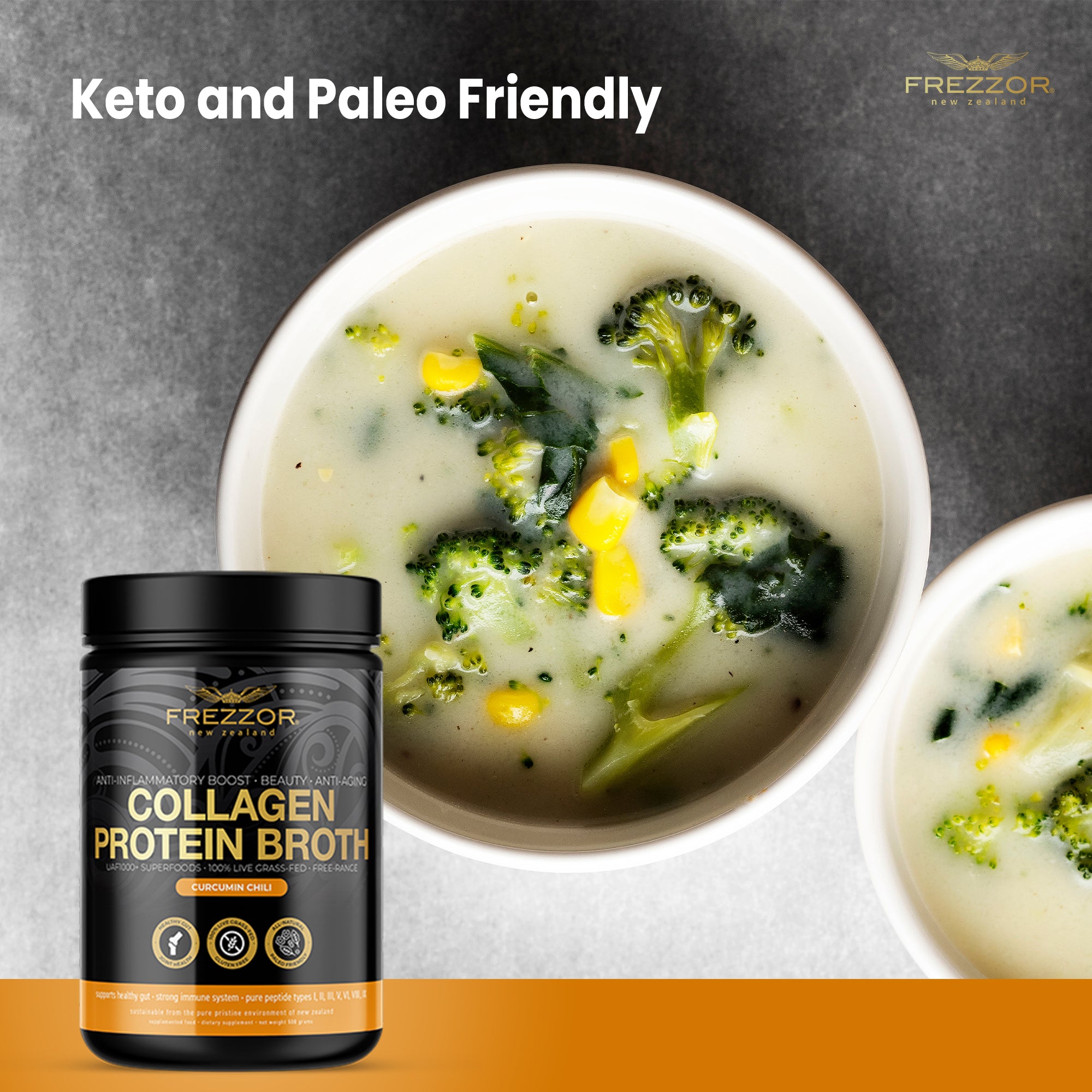 Bone Broth Protein Curcumin Chili  FREZZOR Grass fed collagen protein bone broth powder | Joint health