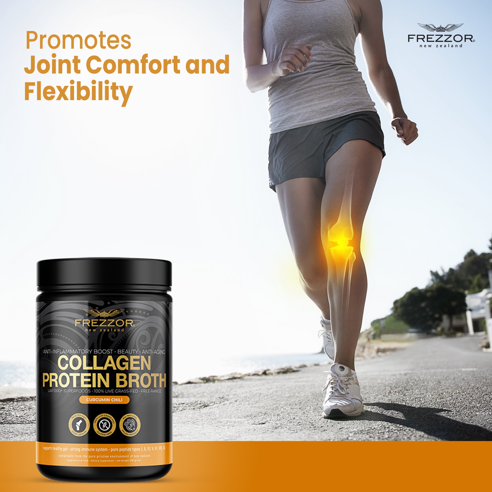 Bone Broth Protein Curcumin Chili  FREZZOR Grass fed collagen protein bone broth powder | Joint health