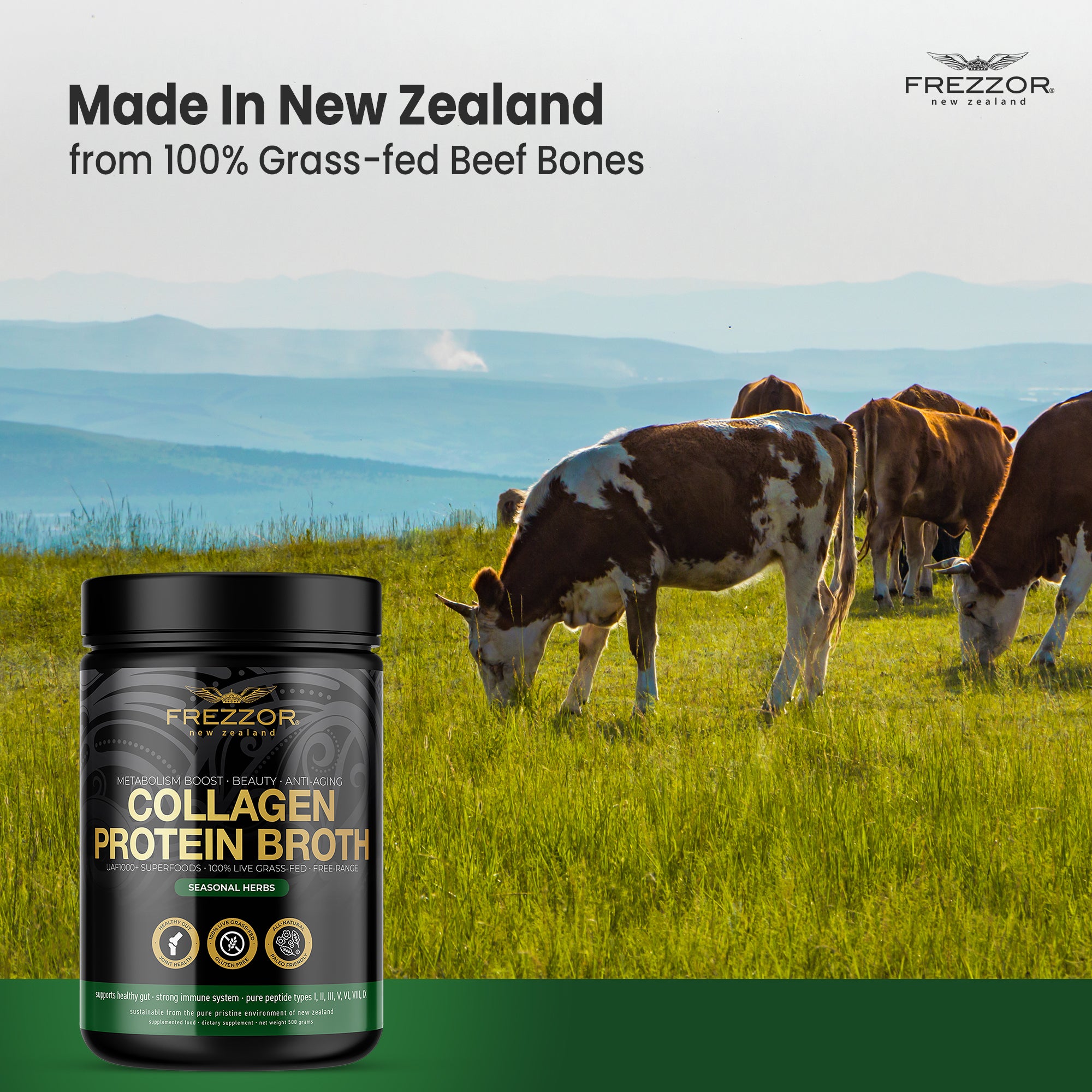 Collagen Bone Broth Seasonal Herbs  FREZZOR New Zealand Grass-fed collagen bone broth powder | Collagen protein 