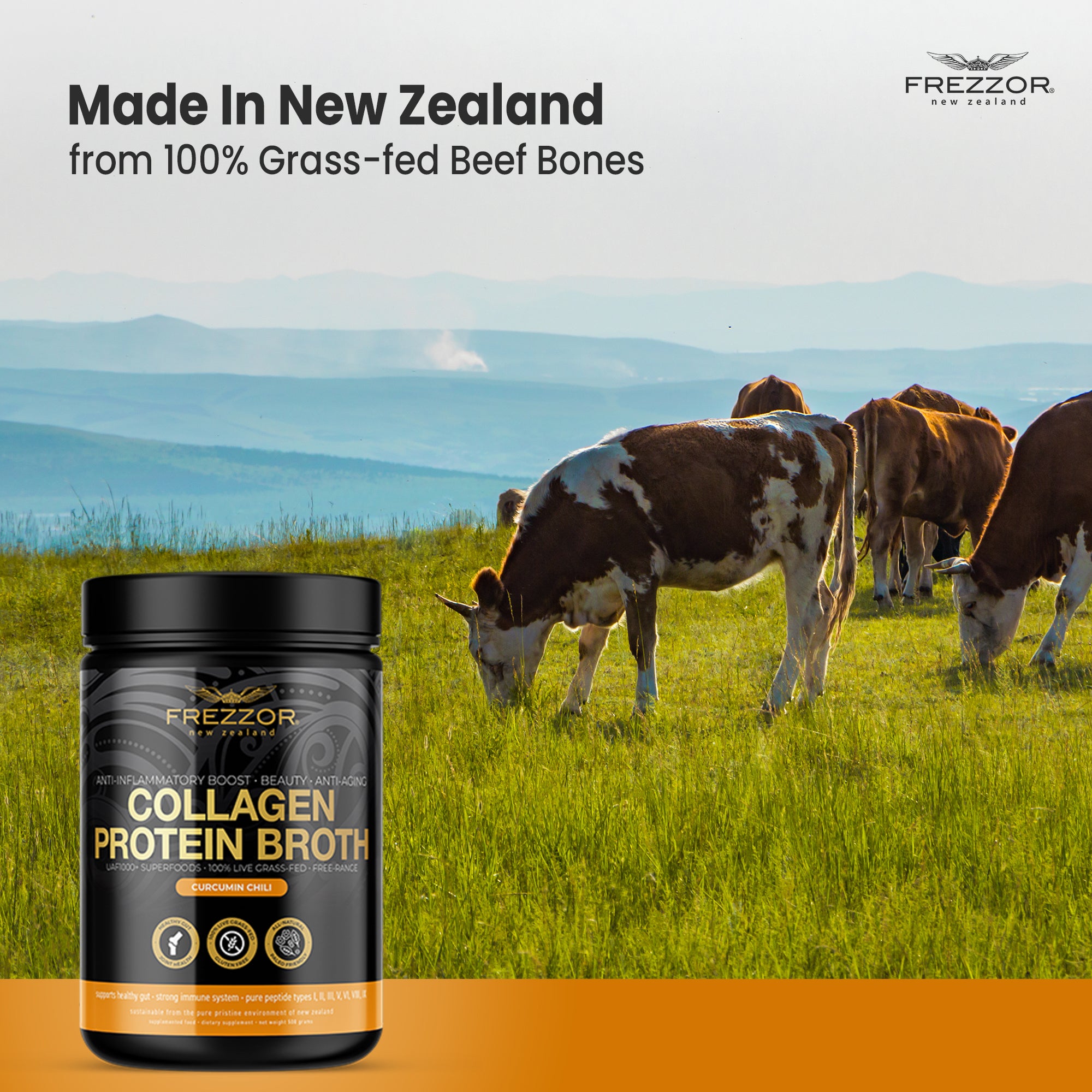 Bone Broth Protein Curcumin Chili  FREZZOR Grass fed collagen protein bone broth powder | Joint health