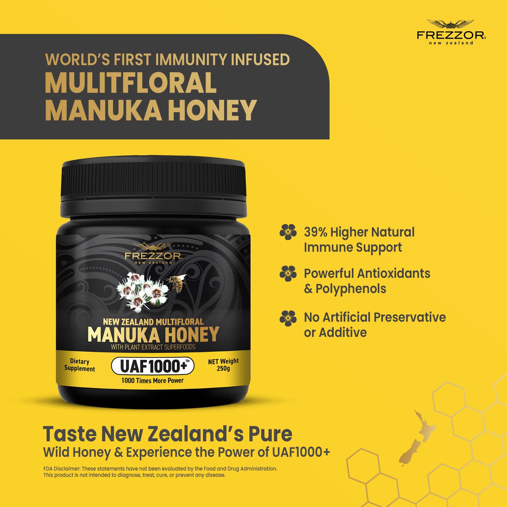 Multifloral Manuka Honey UAF1000+®  FREZZOR Multifloral manuka honey NZ | Natural antioxidant supplement