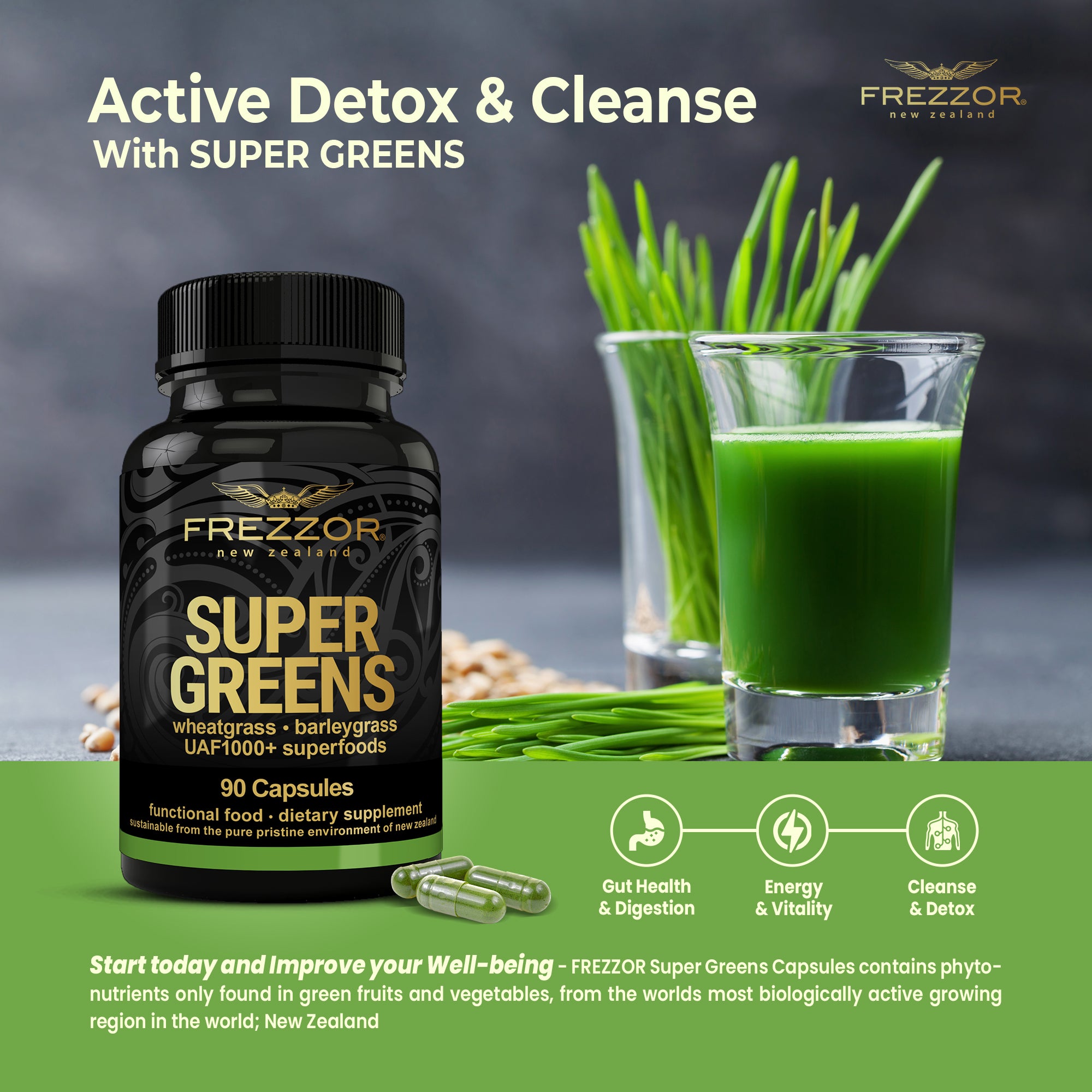 Super Greens  FREZZOR Natural Green superfood supplement | Super greens capsules