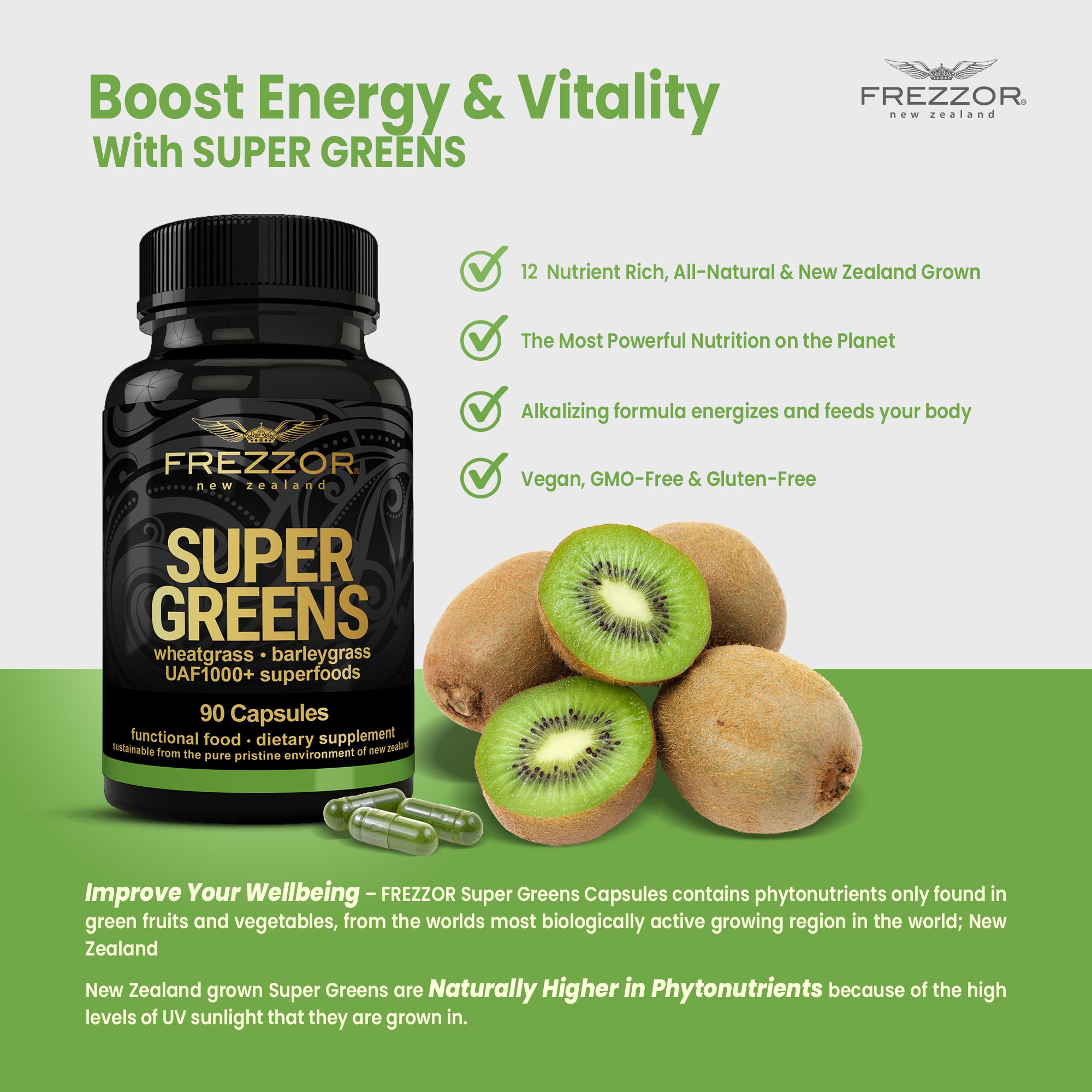 Super Greens  FREZZOR Natural Green superfood supplement | Super greens capsules