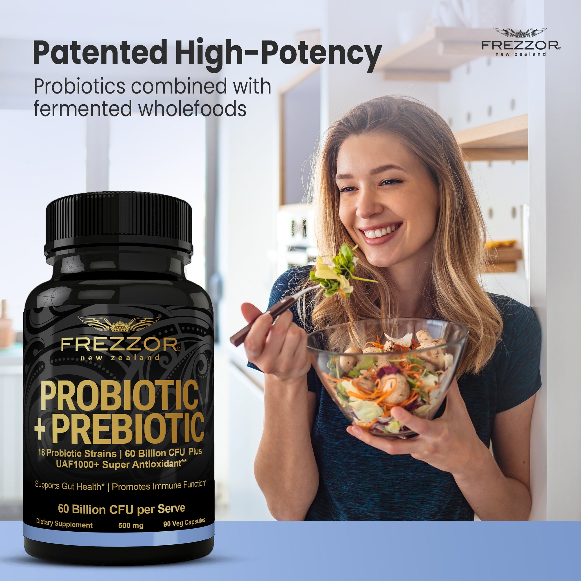 Probiotic +Prebiotic Capsules  FREZZOR Best probiotic prebiotic supplements | 18 Bacteria Strains | 60 Billion CFU