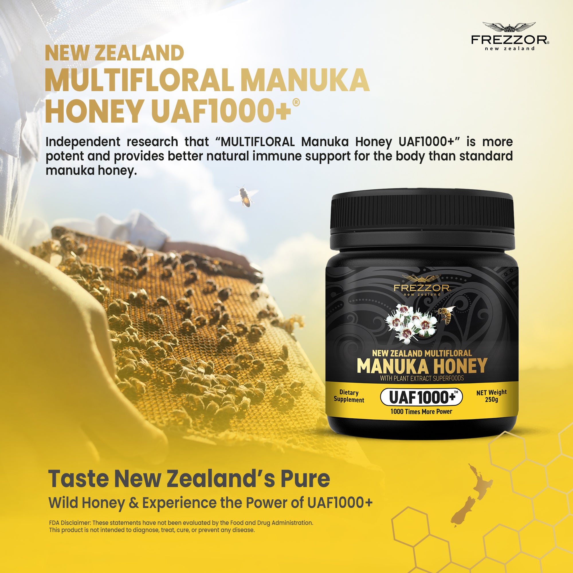 Multifloral Manuka Honey UAF1000+®  FREZZOR Multifloral manuka honey NZ | Natural antioxidant supplement