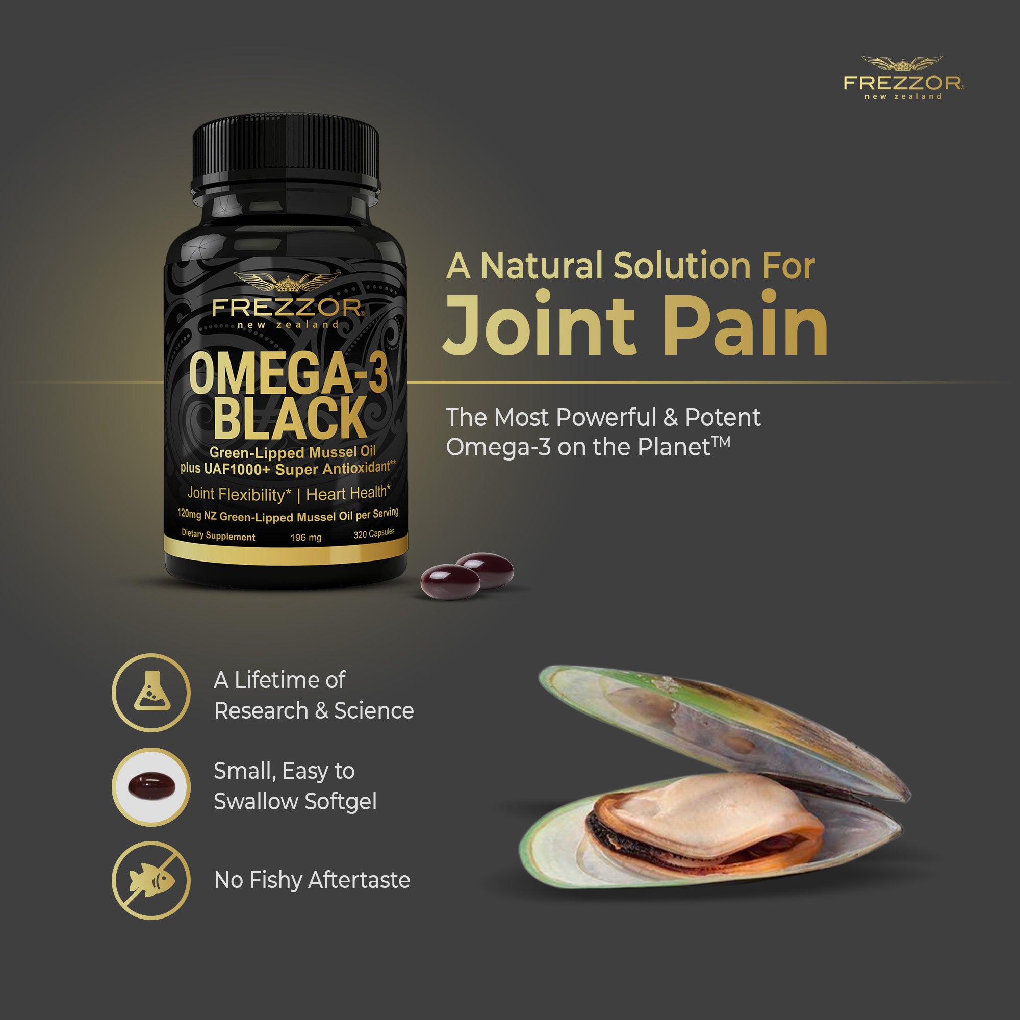 Omega-3 Black 320 Softgels  FREZZOR Omega 3 green lipped mussel oil for Joint Health | 320 pack