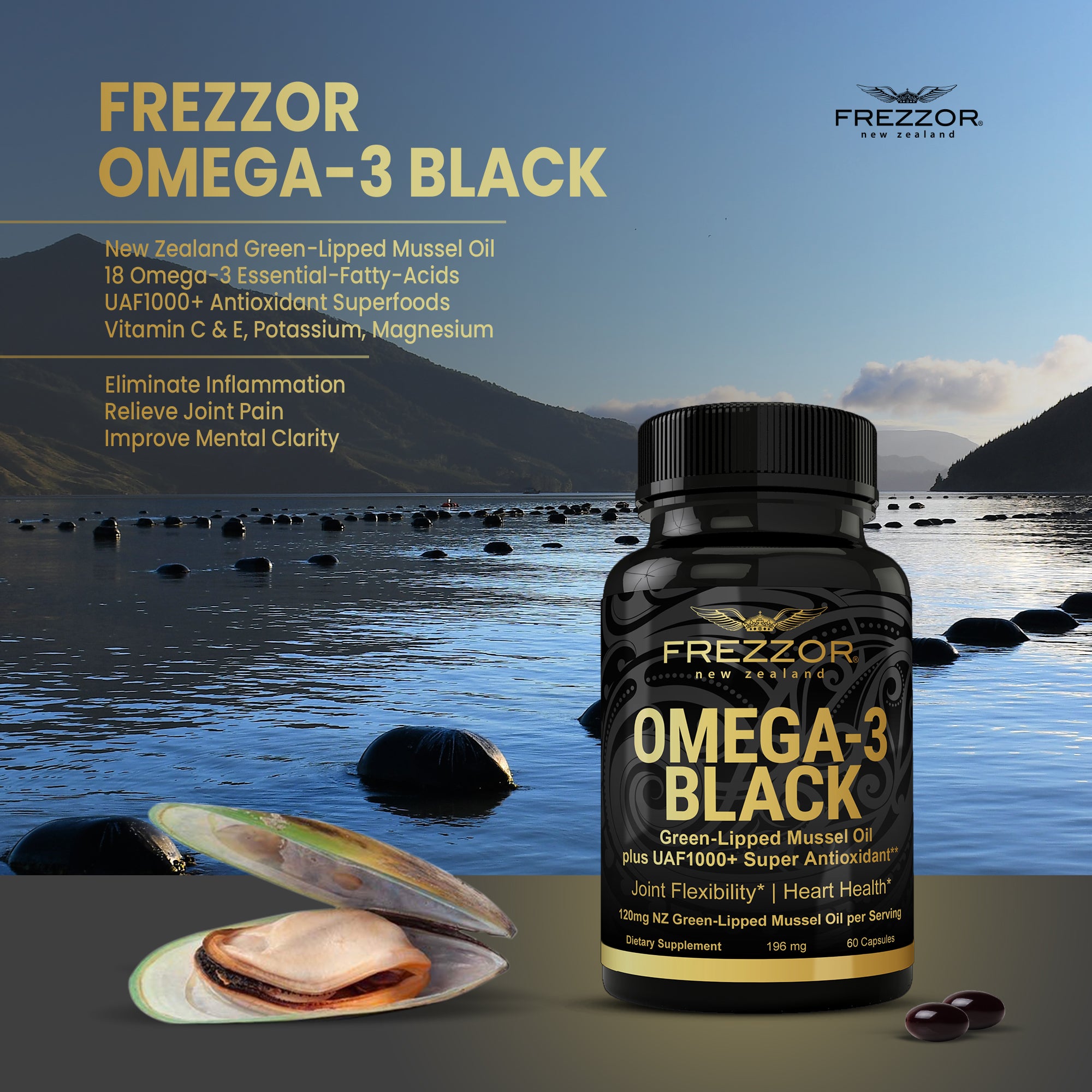 Omega-3 Black  FREZZOR Green-lipped mussel oil supplements for joint Health