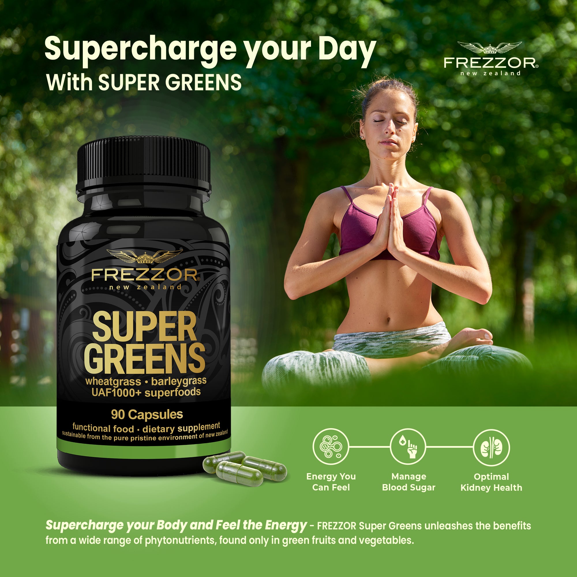 Super Greens  FREZZOR Natural Green superfood supplement | Super greens capsules